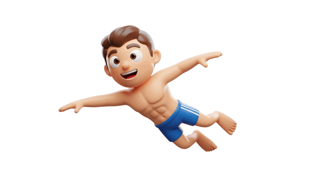 Caucasian little boy swimming or flying. Cartoon character kid in blue shorts. Fun activity illustration for summer vacation concept.. Transparent background png