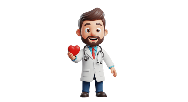A friendly male doctor 3d cartoon character holds a red heart in his hand, professional healthcare concept on transparent background png
