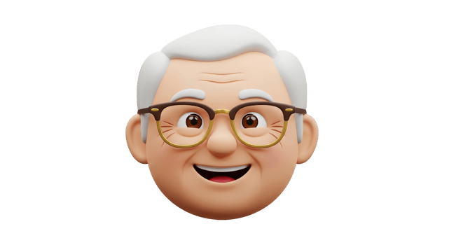 A cheerful cartoon man with gray hair and glasses laughing face on transparent background for avatar. png