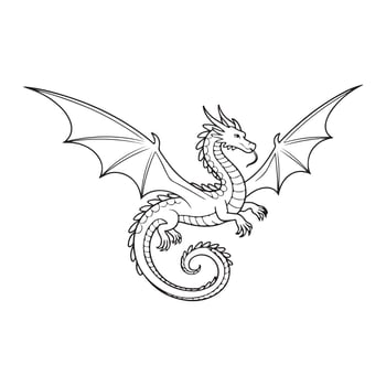 Black and white dragon illustration with outstretched wings on white background vector
