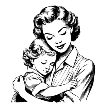 1940s Mom and Daughter Hug Line Art Graphic vector