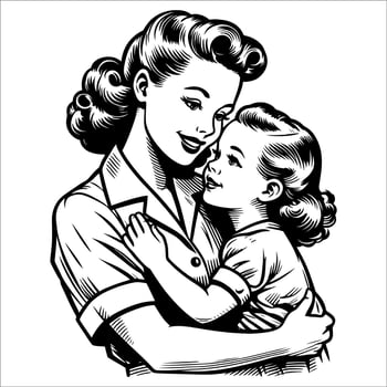 Thick Line Drawing of 1940s Woman and Child vector