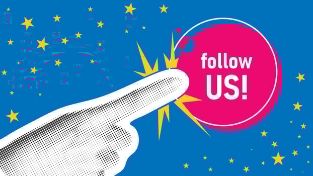 Hand finger clicking on follow us button vector