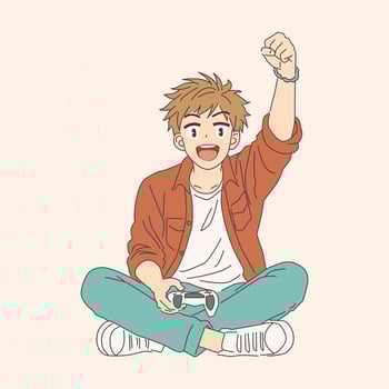 Anime style illustration of a young happy male raising his fist in victory. He is sitting crosslegged, holding a game controller. Light neutral background. vector