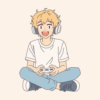 Illustration of a joyful anime boy gaming with headphones. He is holding a controller and sitting crosslegged. The style is clean and colorful on a neutral background. vector
