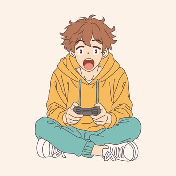 Anime boy showing excitement while playing game. Seated with controller and open mouth. Yellow hoodie and teal pants. Bright and engaging cartoon illustration. vector