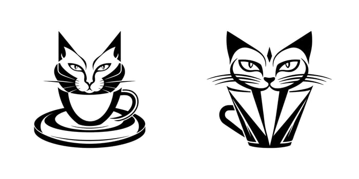 Stylized black cat faces emerging from coffee cups vector