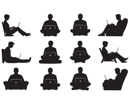Silhouettes of People Using Laptops in Various Poses on White Background vector