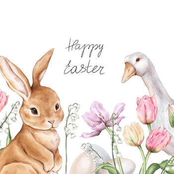 Happy Easter card with watercolor cute rabbits or bunny and tulips, paint eggs, spring flowers in pastel colors. Easter watercolor posters with tulips and lilies of the valley and goose, greeting card png