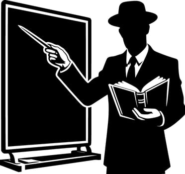 A man in a suit and hat is pointing at a blackboard vector