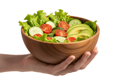 Healthy salad in wooden bowl held by hand, fresh greens and colorful veggies png