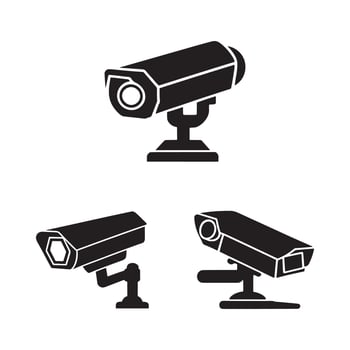 Collection of three black security camera icons isolated on white background vector