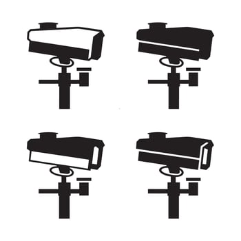 Four black silhouette icons of security cameras mounted on poles isolated on white background vector
