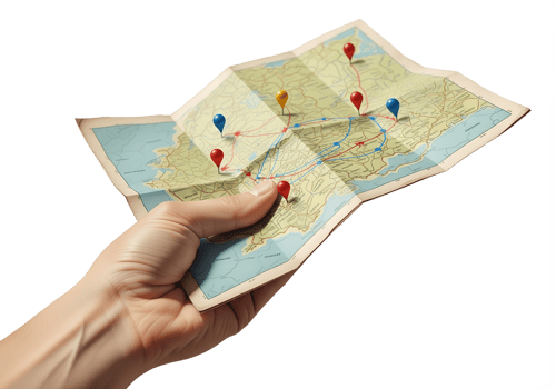 Vintage-style map with marked route and location pins, travel planning and navigation concept png