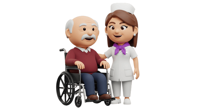 Woman nurse helping an elderly man in a wheelchair. Caregiver supporting senior patient. Healthcare and home assistance concept on transparent background. png