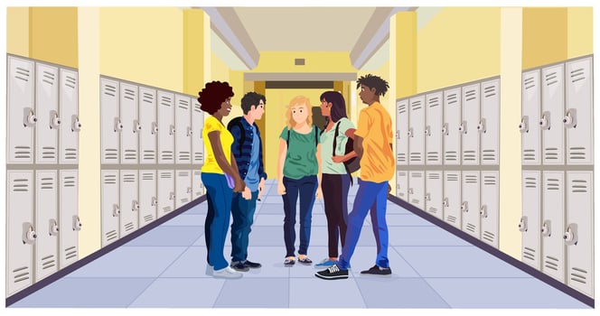 Students stand in the hallway of a secondary school. Two young women and two young man stand in front of grey lockers, speaking together. vector