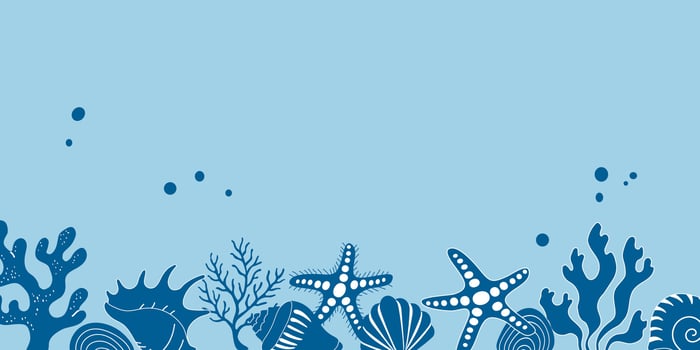 Seaweed, corals, shells banner, poster, background, card. Underwaterlife design. vector