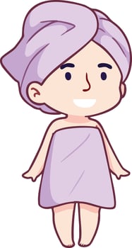 Spa woman wrapped in lavender towel with towel turban on head relaxing after bath illustration vector