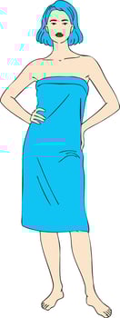 Woman with blue hair wearing blue towel standing barefoot confident pose illustration vector