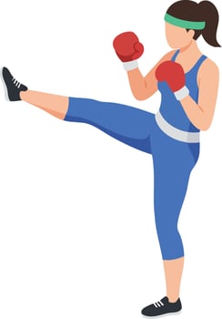 Woman practicing martial arts with red gloves and blue sportswear doing high kick illustration vector