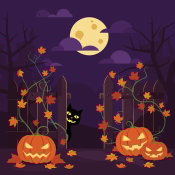 Halloween pumpkins and black cat with orange leaves under full moon spooky night autumn illustration vector