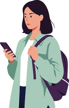 Young woman student holding smartphone and backpack casual outfit illustration vector