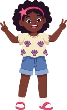 African American girl smiling with hands showing peace sign wearing casual summer outfit illustration vector