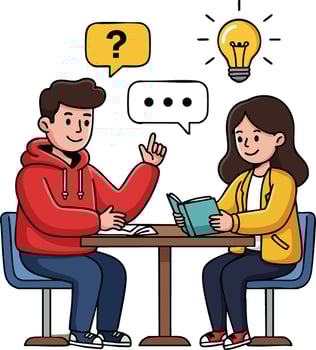 Young man and woman having discussion with question and idea icons around during study session indoors illustration vector