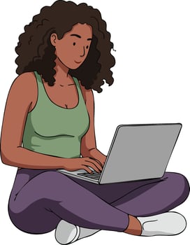 Young woman sitting cross-legged working on laptop computer casual clothing curly hair digital remote work illustration vector