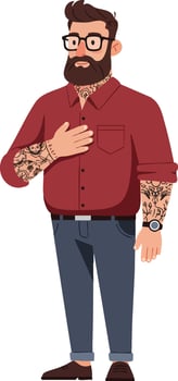 Bearded man with glasses and tattoos wearing red shirt and blue pants character design vector