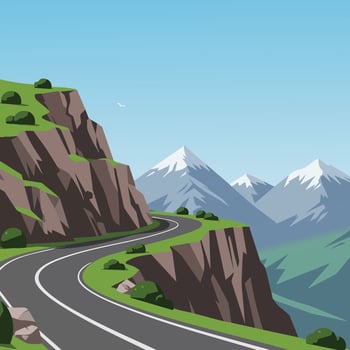 Mountain road winding along steep cliffs with snow capped peaks under clear sky illustration vector