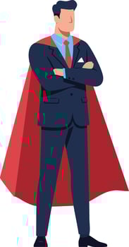 Businessman wearing red superhero cape standing confidently with crossed arms in formal suit and tie illustration vector