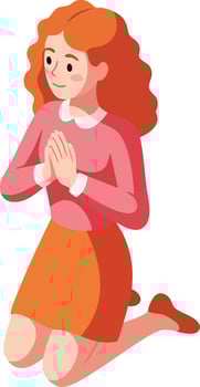 Red haired woman kneeling with hands clasped in prayer or contemplation illustration vector