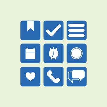 Set Of 9 Simple Apps Icons. Can Be Found Such Elements As Reminder, Alert, Reminder And More. technology icon ui set. Icons bookmark, calendar, approve, phone, heart, like, etc vector
