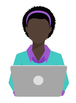 Faceless Black woman with short afro hairstyle and headband, sitting in front of a laptop. She is depicted in a relaxed yet professional posture, suitable as a businesswoman, manager, or entrepreneur. vector