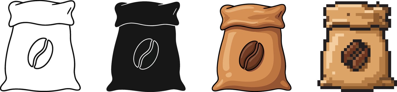 Set of Coffee Bag Icons Line Solid Color and Pixel Art vector