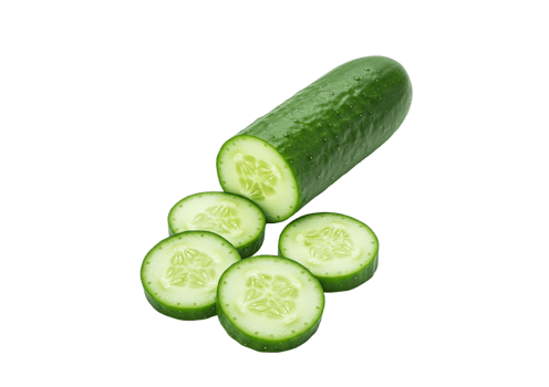 A crisp cucumber and several fresh slices are presented against a stark black backdrop, highlighting the vibrant green vegetable, transparent background png
