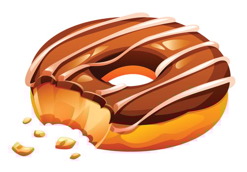 Tempting chocolate frosted donut with white icing stripes and missing bite, showing its delicious soft interior. Cartoon illustration vector