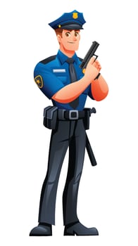 Police officer holding a handgun in an upright position, ready for duty. Cartoon character illustration vector