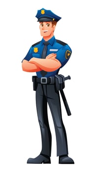 Police officer in uniform with folded arms standing confidently. Cartoon character illustration vector