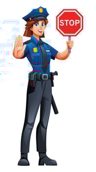 Female police officer holding a stop sign and showing a stop gesture. Cartoon character illustration vector