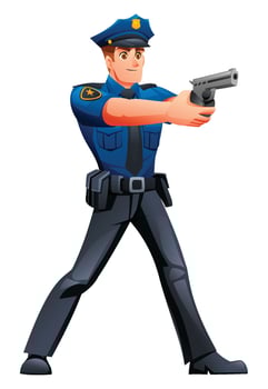 Police officer holding a handgun in a ready and defensive stance, ensuring public safety. Cartoon character illustration vector
