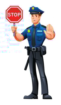 Police officer holding a stop sign and showing a stop gesture. Cartoon character illustration vector