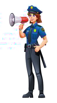 Female police officer speaking through megaphone. Cartoon character illustration vector