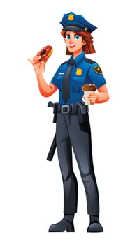 Female police officer enjoying donut and coffee with happy expression. Cartoon character illustration vector