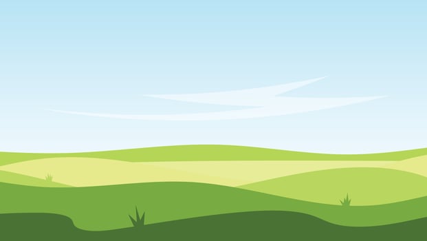 green field with white cloud and blue sky background. landscape cartoon scene vector
