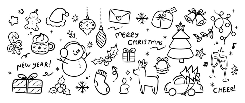 Merry Christmas and winter season doodle element . Set of bauble ball, snowman, bell, tree, holly, gift, sock, reindeer, car, wine. Happy holiday collection for kids, decorative. vector