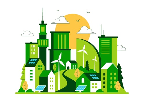 Modern Green Cityscape Illustration Emphasizing Eco-Living and Clean Urban Environment vector