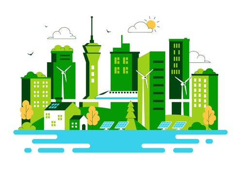 Eco-Friendly City Illustration with Green Architecture and Urban Sustainability in Flat Cartoon Style vector