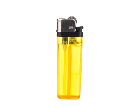 A yellow transparent plastic lighter isolated on a transparent background png